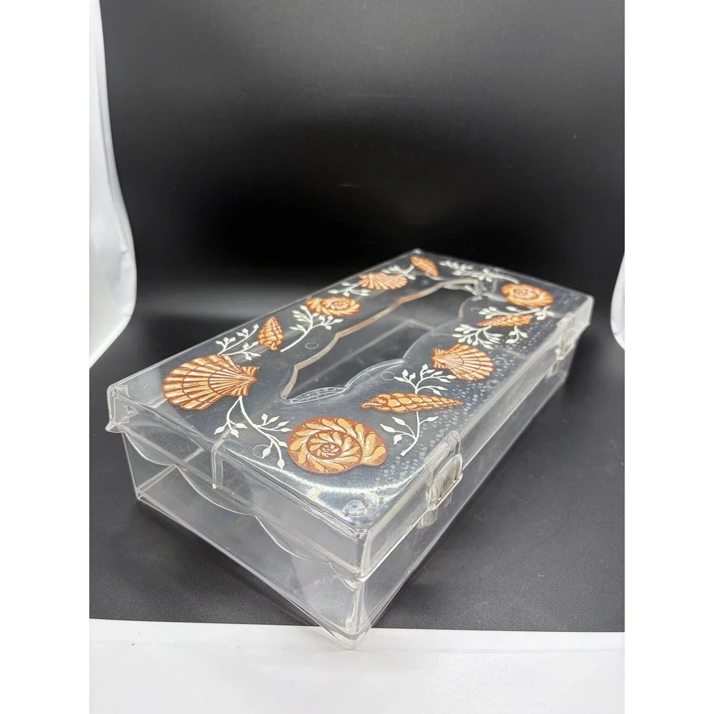 Wolff Tissue Box Holder Cover Clear‎ Lucite Acrylic Plastic Peach Seashells